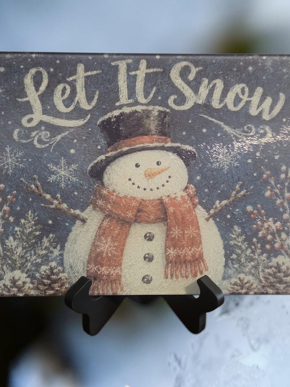 Holiday 'Let It Snow' Snowman Decorative Glass Cutting Board- Hand Crafted. NEW
